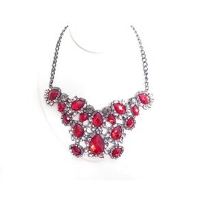 Red‎ Rhinestone Large Bib Statement Necklace Gunmetal